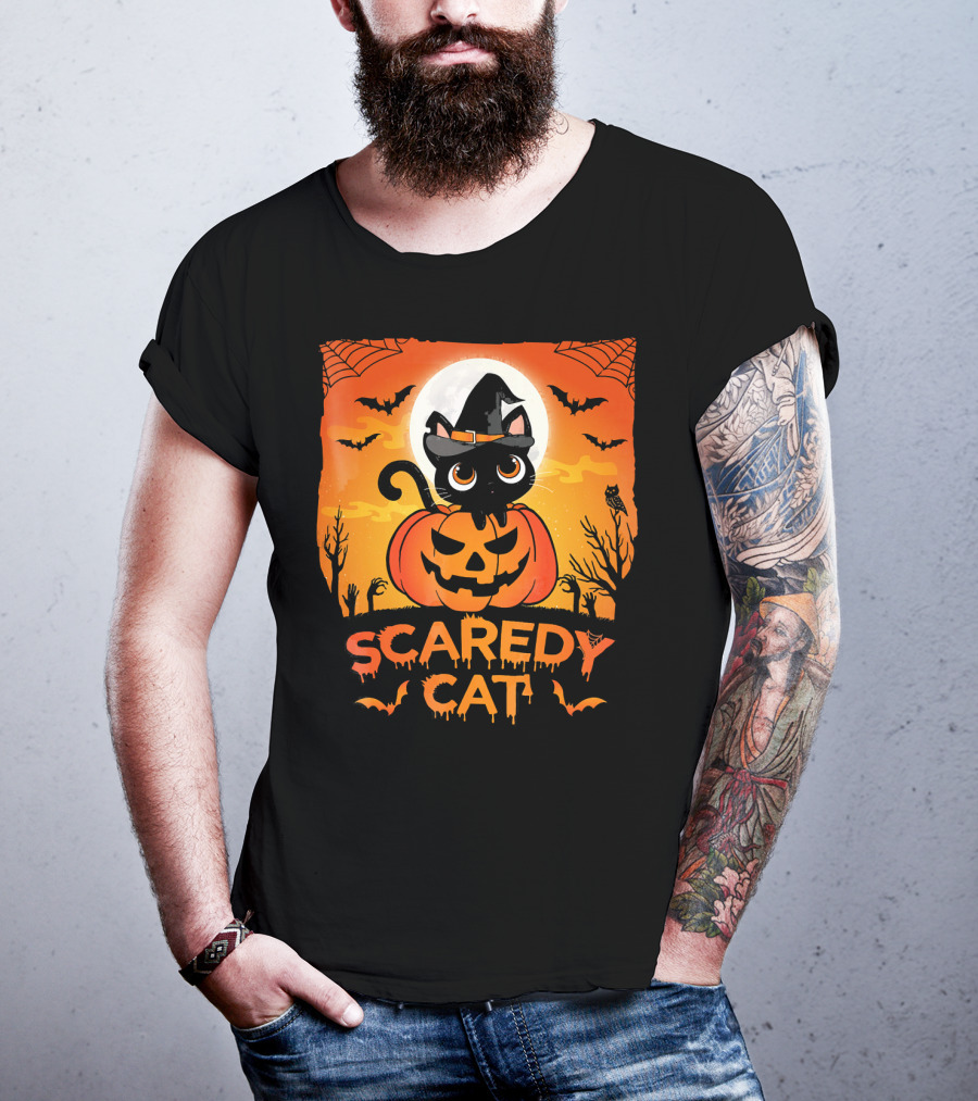 Scaredy Cat Halloween Kitten On Pumpkin With Witch Hat And Bats T-Shirt