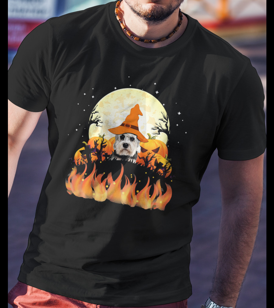 Halloween Dandie Dinmont Terrier Witch Dog Lovers Moon And Pumpkin Scene T-Shirt