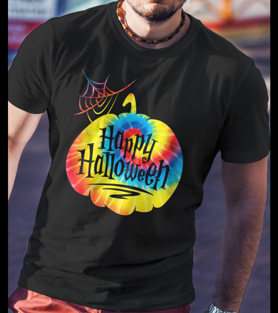 Tie Dye Pumpkin Happy Halloween Spiderweb T-Shirt