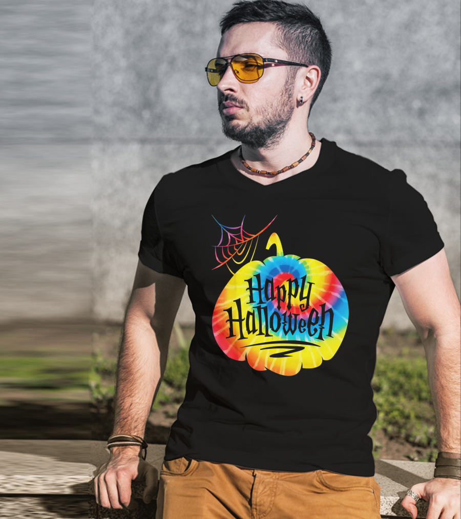 Tie Dye Pumpkin Happy Halloween Spiderweb T-Shirt