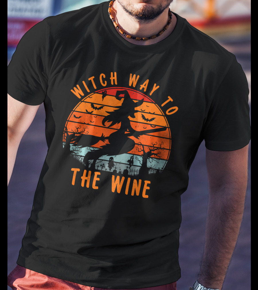 Witch Way To The Wine Halloween Spooky Bats Sunset T-Shirt
