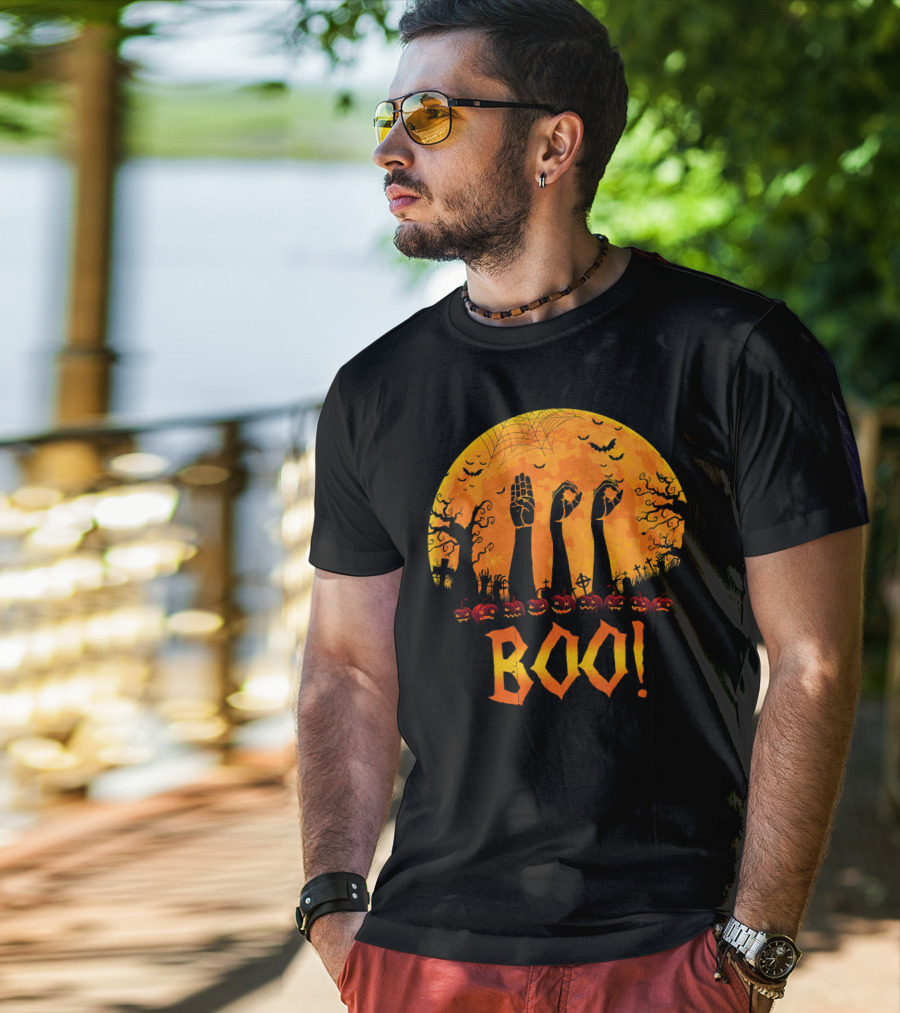 BOO ASL Sign Language With Zombie Hands And Spooky Halloween Moon T-Shirt