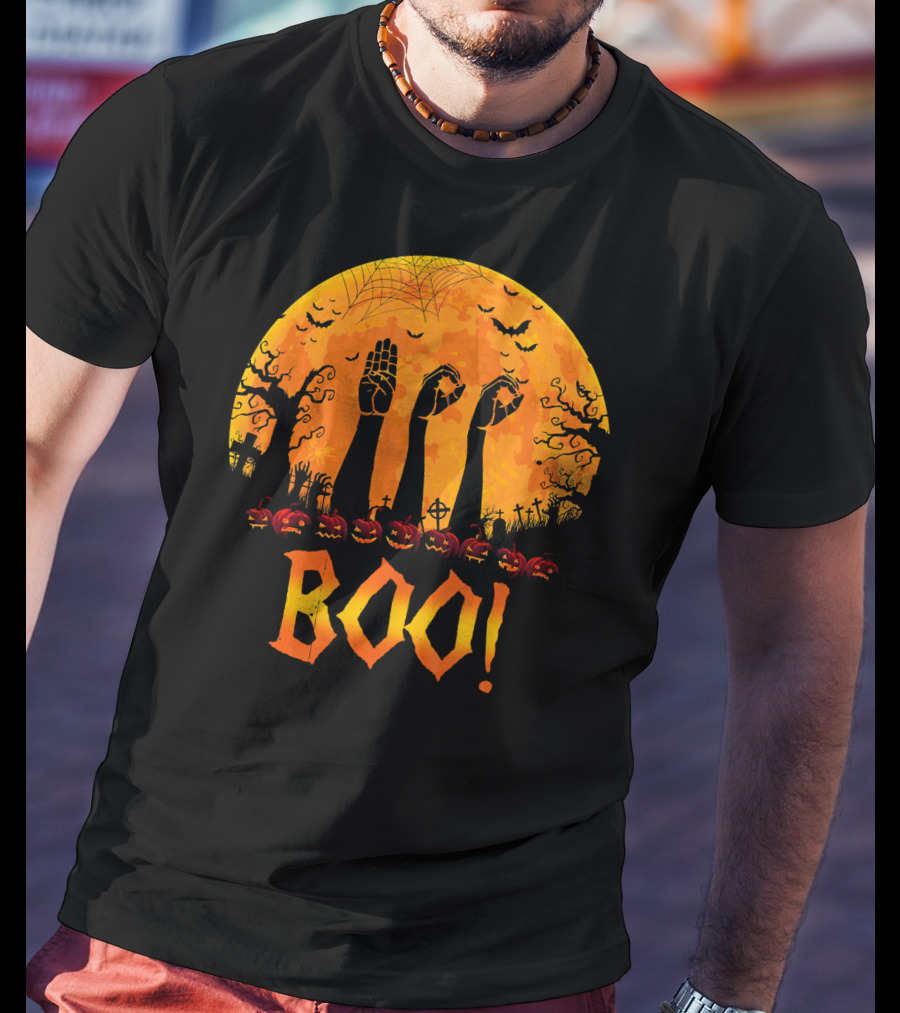 BOO ASL Sign Language With Zombie Hands And Spooky Halloween Moon T-Shirt