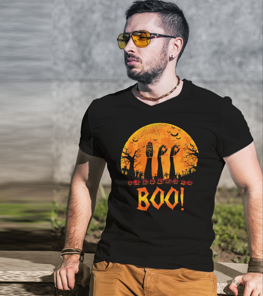BOO ASL Sign Language With Zombie Hands And Spooky Halloween Moon T-Shirt