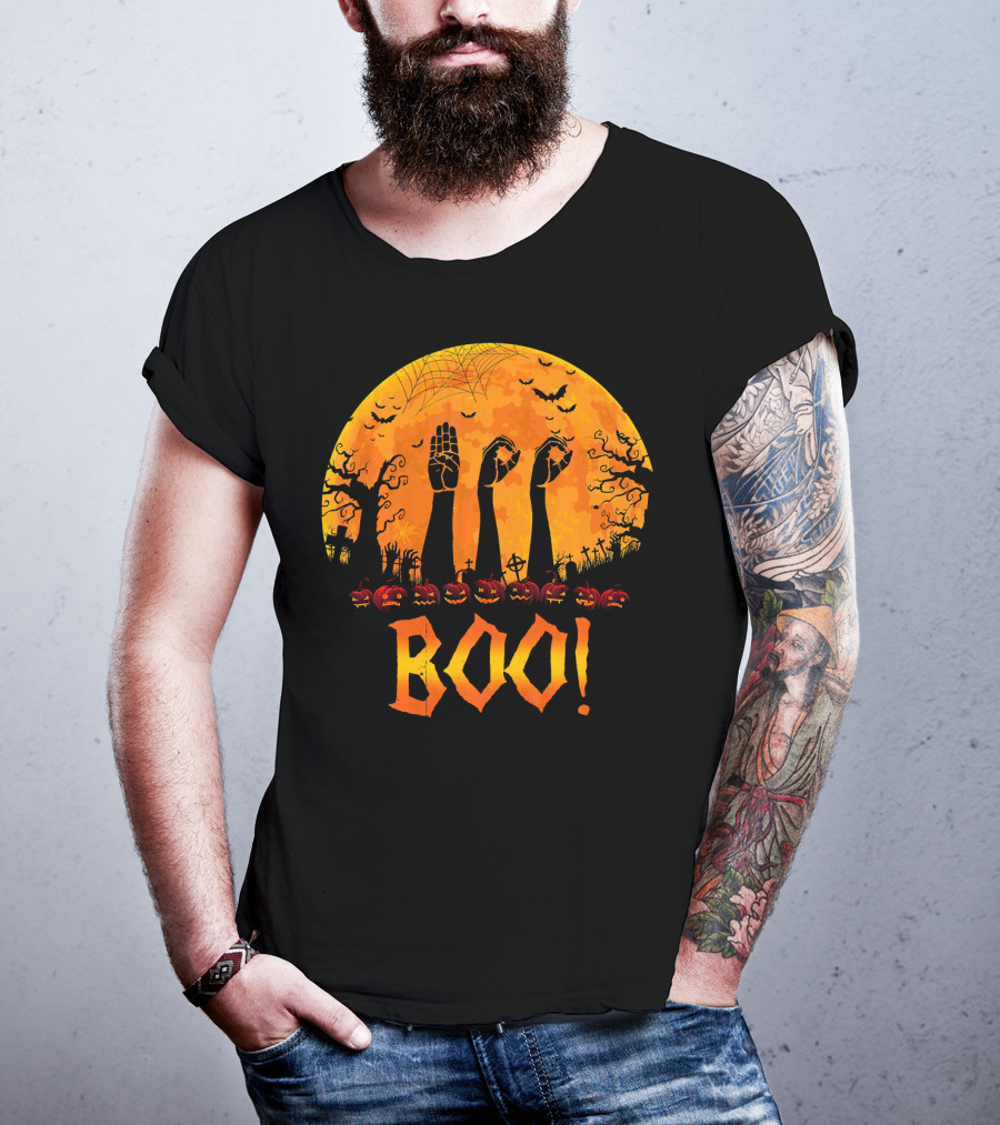 BOO ASL Sign Language With Zombie Hands And Spooky Halloween Moon T-Shirt