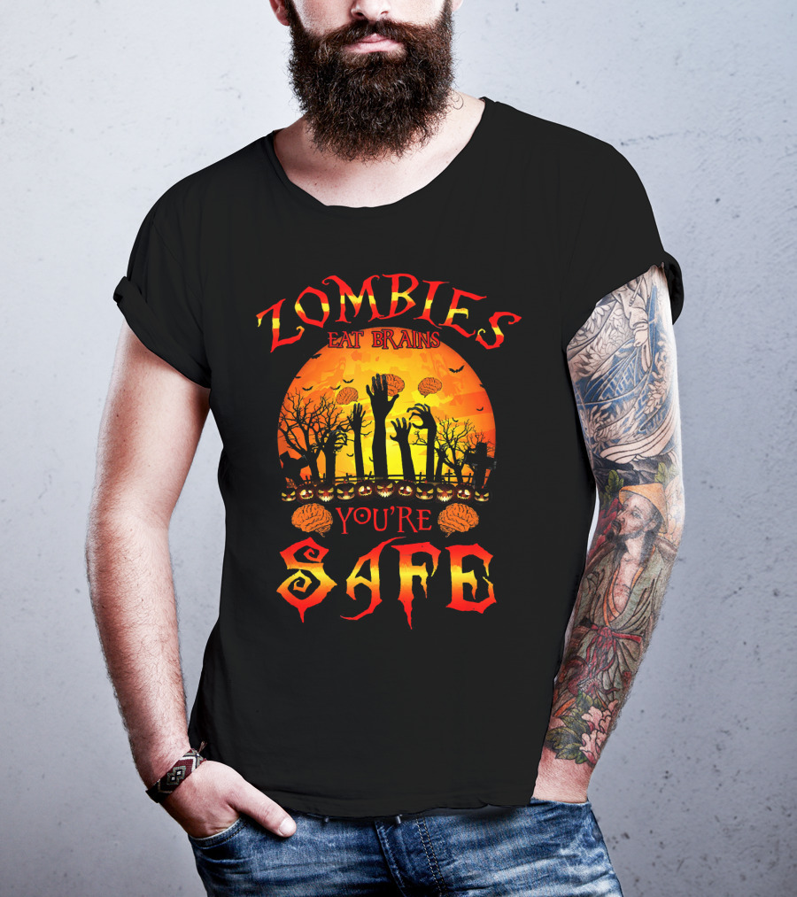 Zombies Eat Brains You're Safe Halloween Rising Hands And Brains Silhouette Sunset T-Shirt