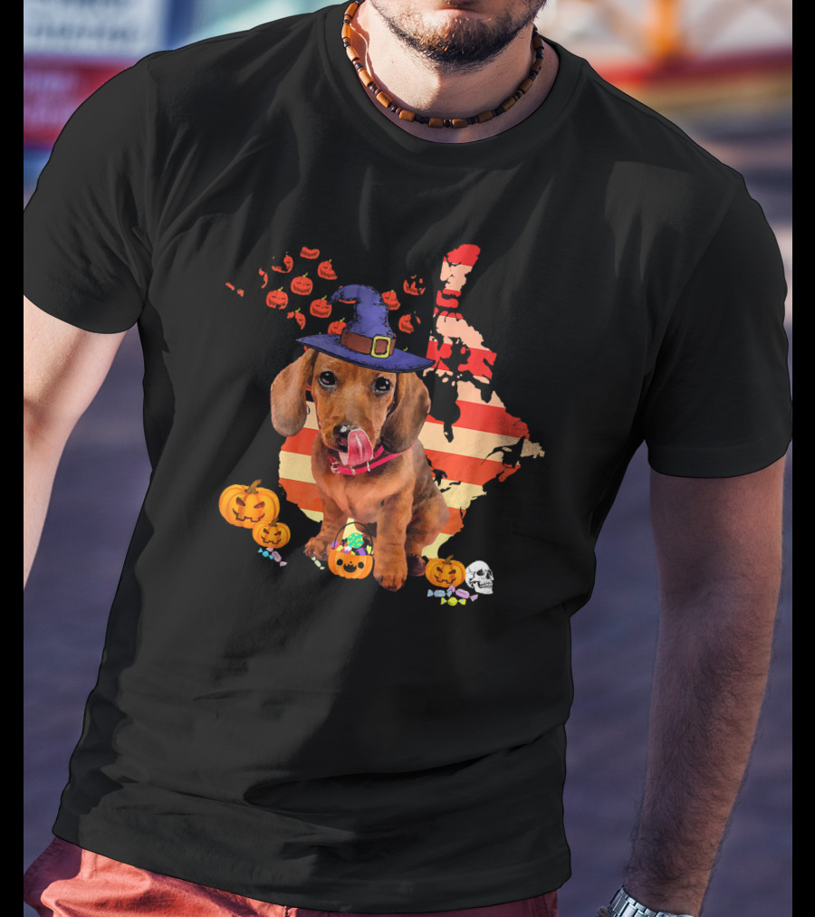 Halloween Witch Hat Daschund Dog With Pumpkin And Candy Canada Map T-Shirt