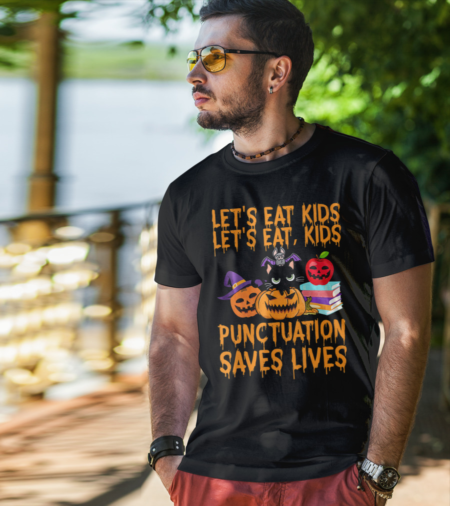 Let's Eat Kids Let's Eat Kids Punctuation Saves Lives Halloween Cats Pumpkins Books T-Shirt