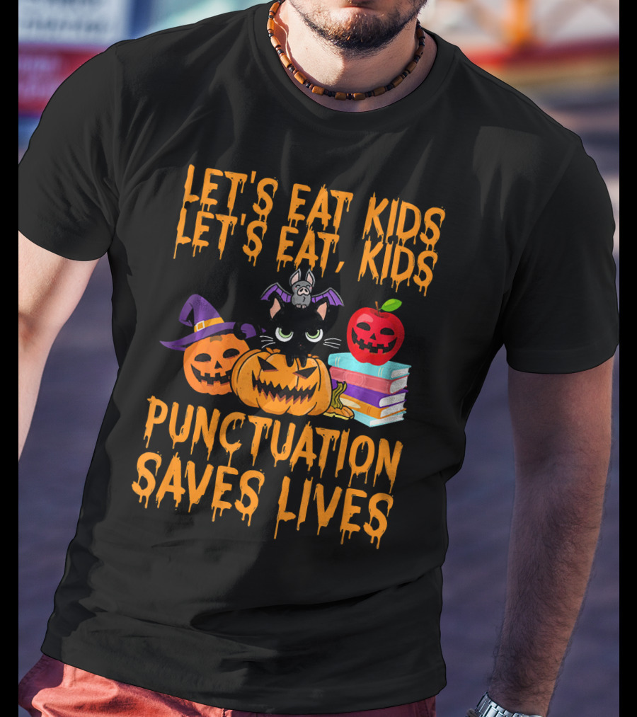 Let's Eat Kids Let's Eat Kids Punctuation Saves Lives Halloween Cats Pumpkins Books T-Shirt