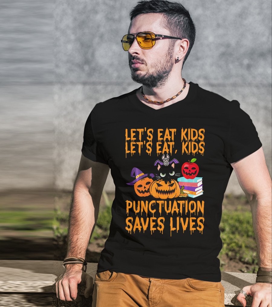 Let's Eat Kids Let's Eat Kids Punctuation Saves Lives Halloween Cats Pumpkins Books T-Shirt