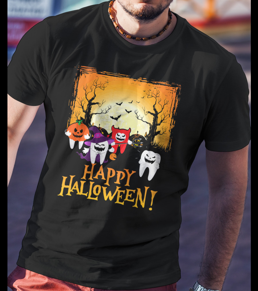 Happy Halloween Funny Teeth And Pumpkins T-Shirt