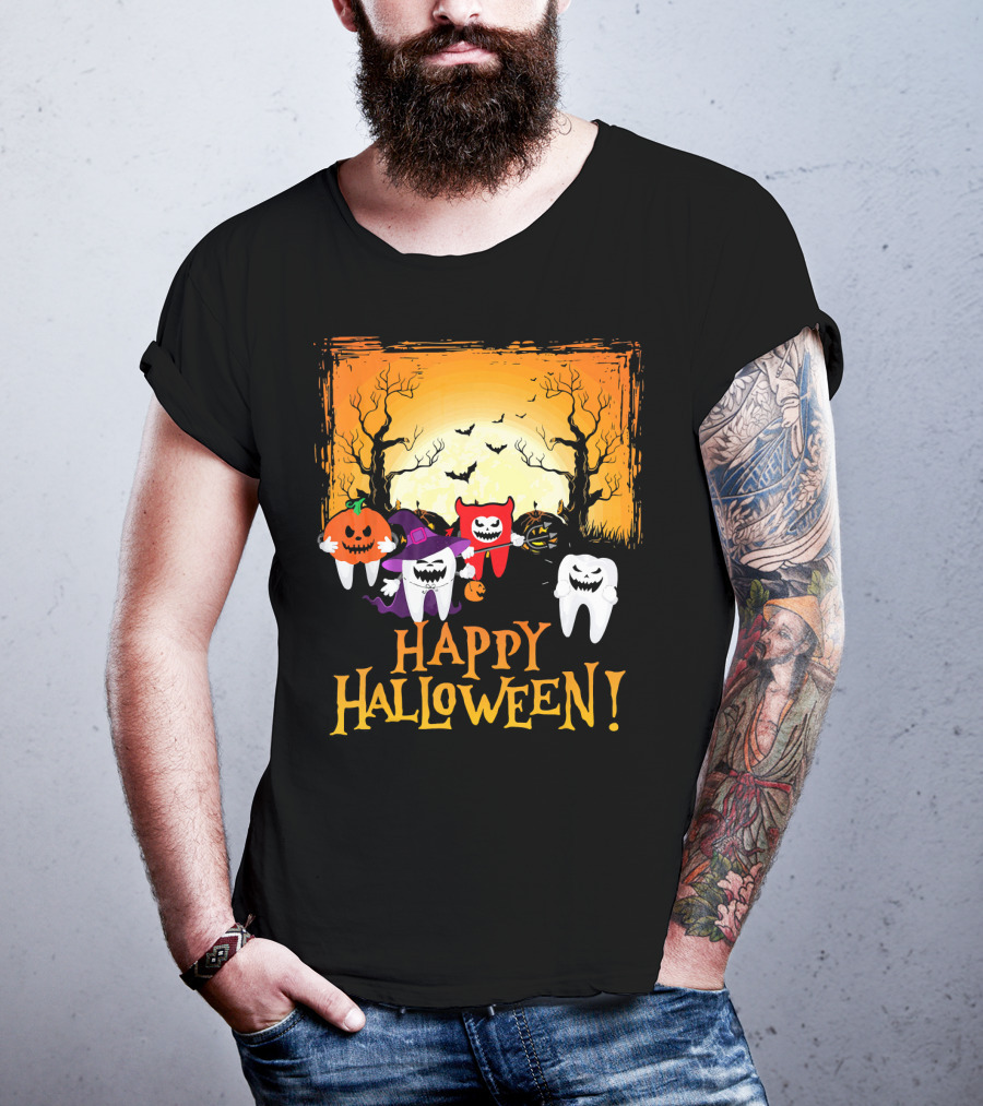 Happy Halloween Funny Teeth And Pumpkins T-Shirt
