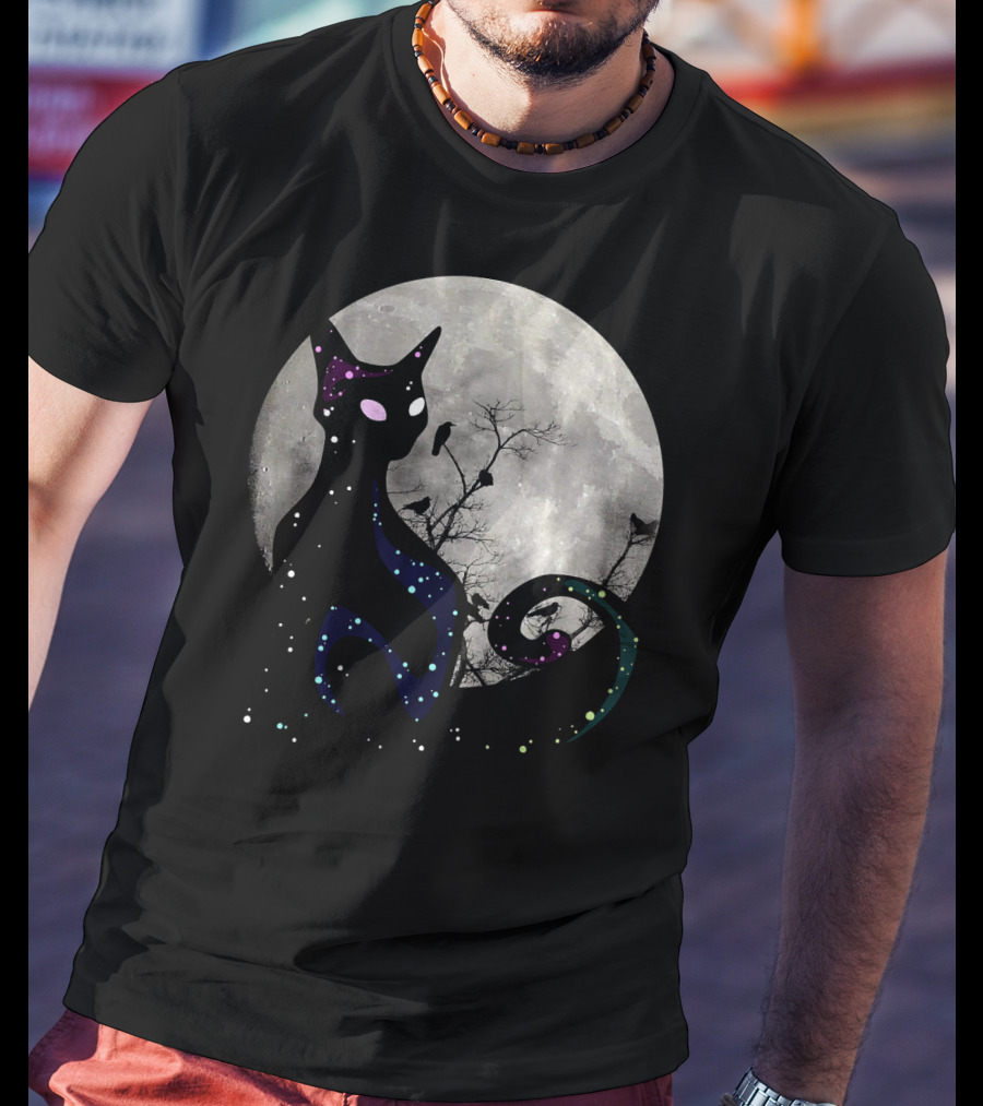 Halloween Cat Scary Black Cat Gothic Full Moon Night Sky T-Shirt