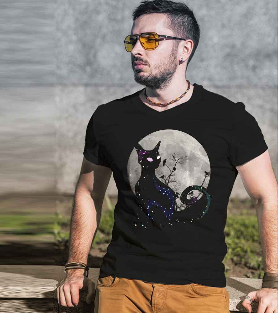 Halloween Cat Scary Black Cat Gothic Full Moon Night Sky T-Shirt