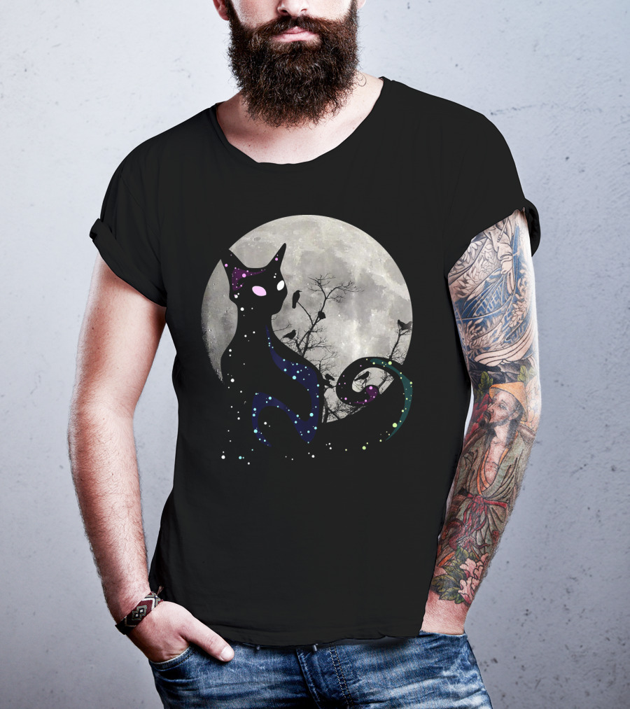 Halloween Cat Scary Black Cat Gothic Full Moon Night Sky T-Shirt