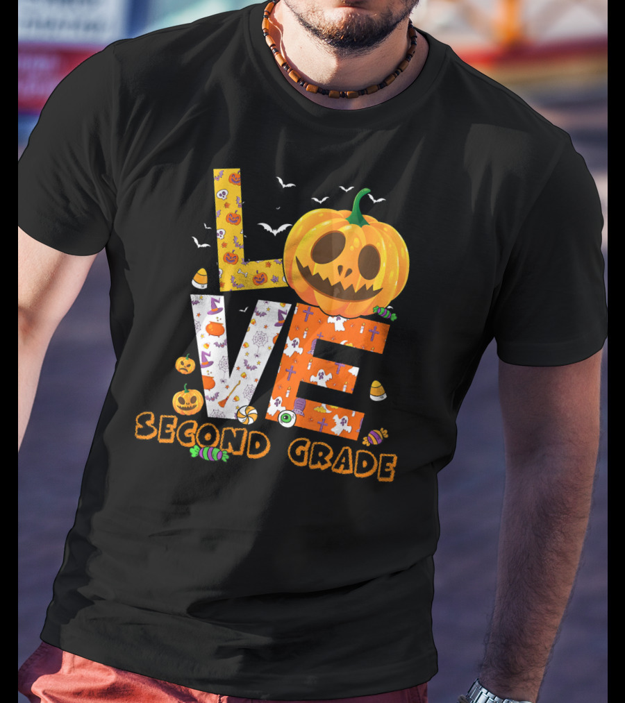 Love Second Grade Funny Halloween Pumpkin Kids T-Shirt