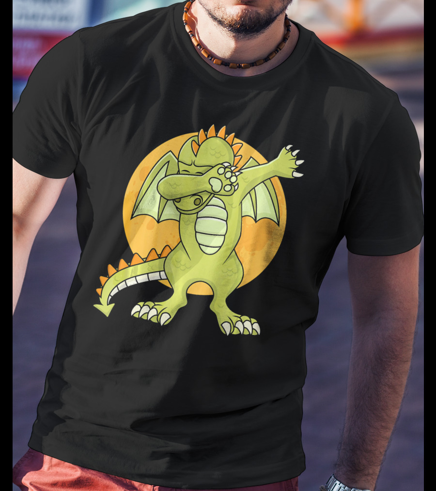 Halloween Dabbing Dragon With Orange Moon Background T-Shirt