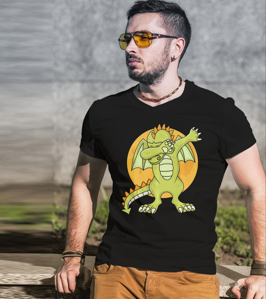 Halloween Dabbing Dragon With Orange Moon Background T-Shirt