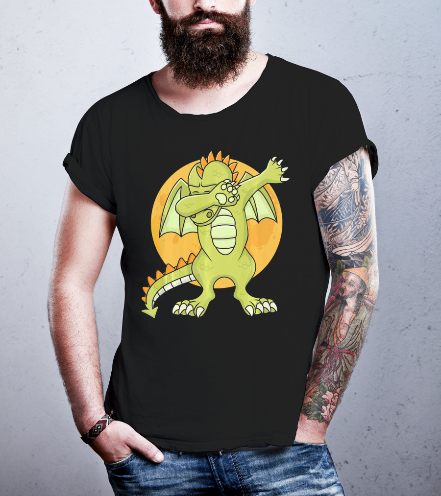 Halloween Dabbing Dragon With Orange Moon Background T-Shirt