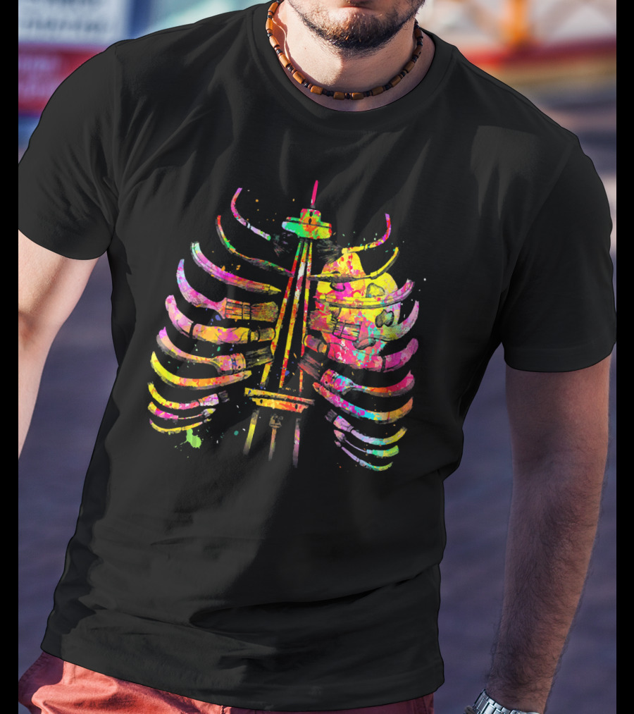 Colorful Seattle Space Needle Skeleton Ribcage Halloween T-Shirt
