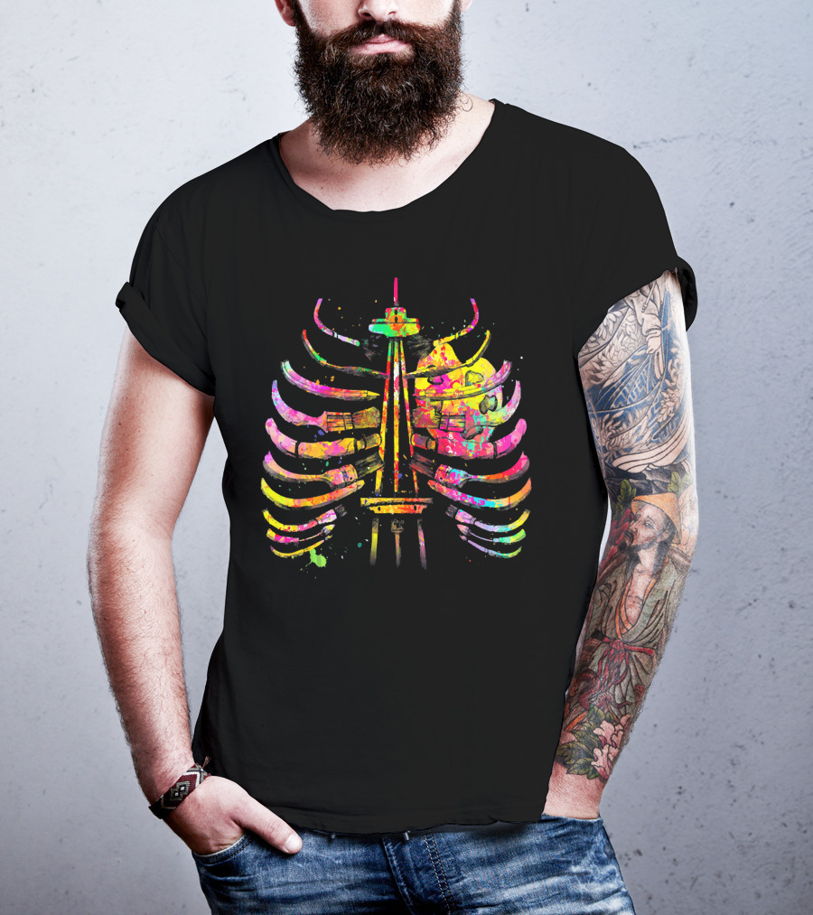 Colorful Seattle Space Needle Skeleton Ribcage Halloween T-Shirt