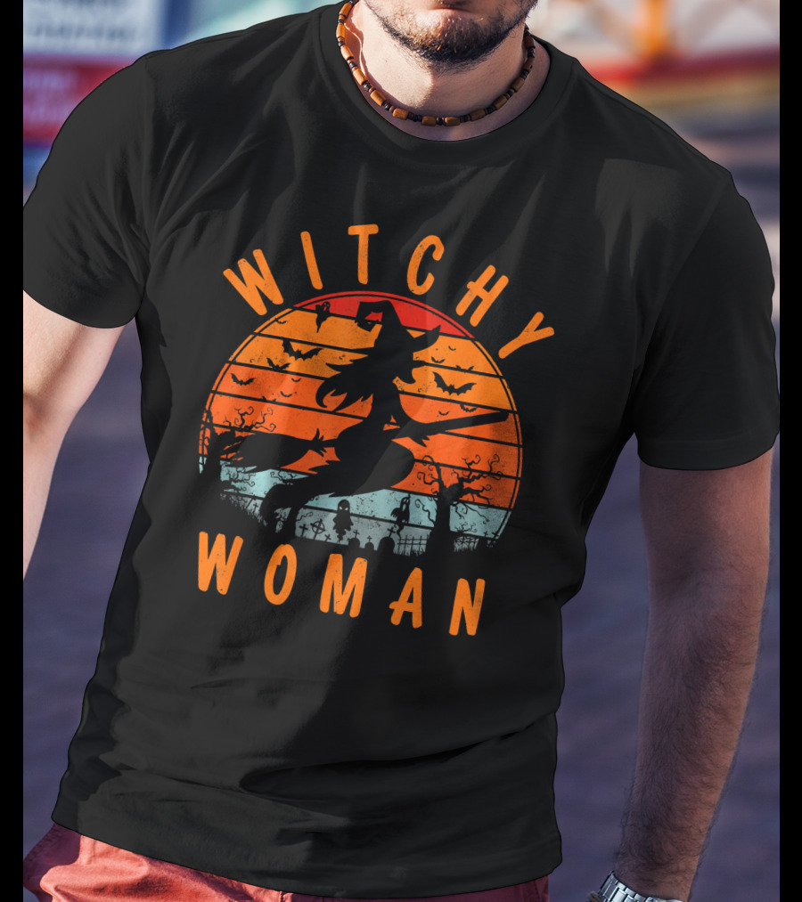 Witchy Woman Flying On Broomstick With Spooky Halloween Sunset Background T-Shirt