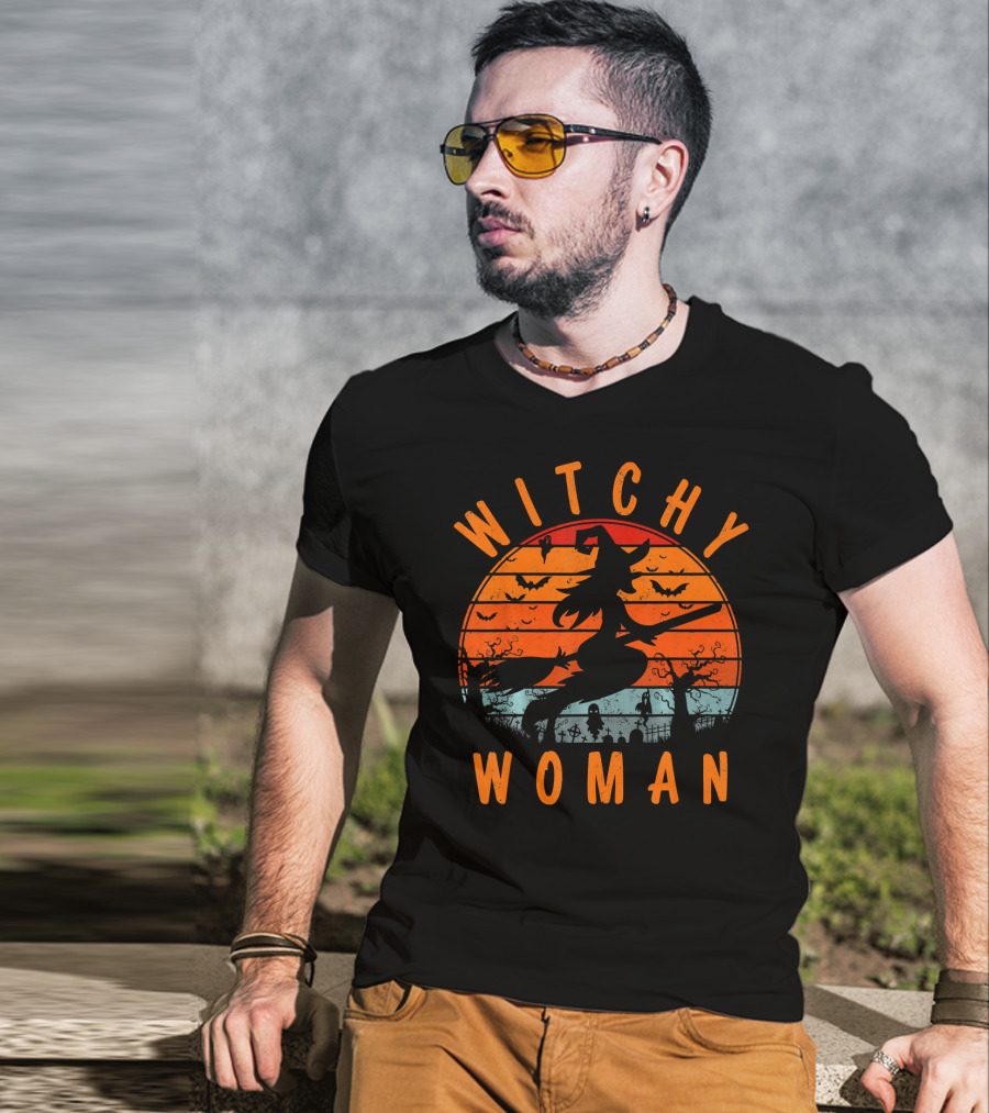 Witchy Woman Flying On Broomstick With Spooky Halloween Sunset Background T-Shirt