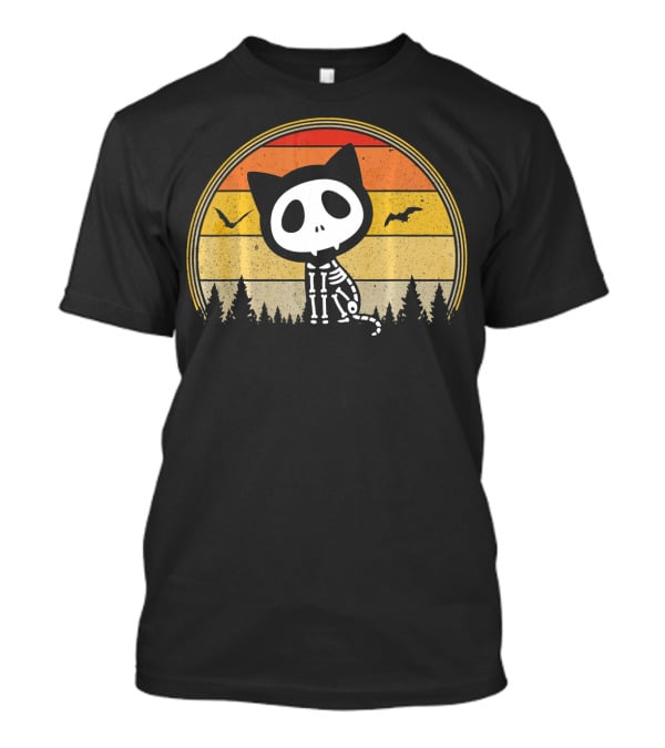Cat Skeleton Spooky Vampire Halloween Vintage Sunset Forest Bats T-Shirt
