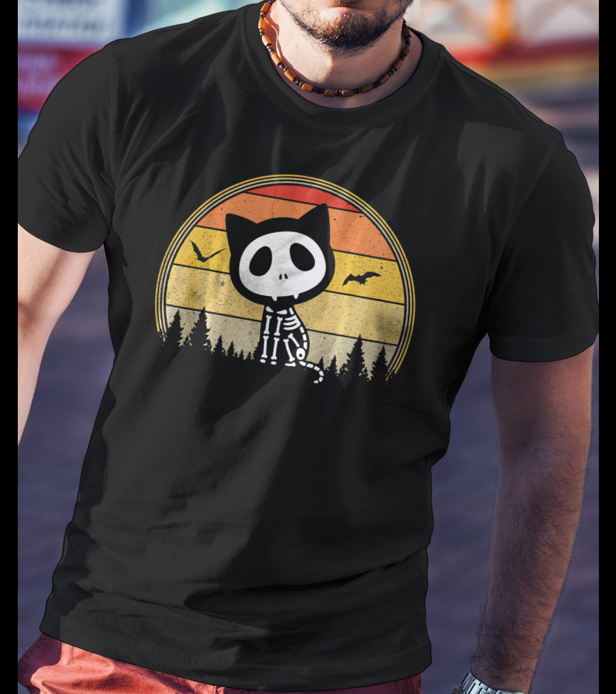 Cat Skeleton Spooky Vampire Halloween Vintage Sunset Forest Bats T-Shirt