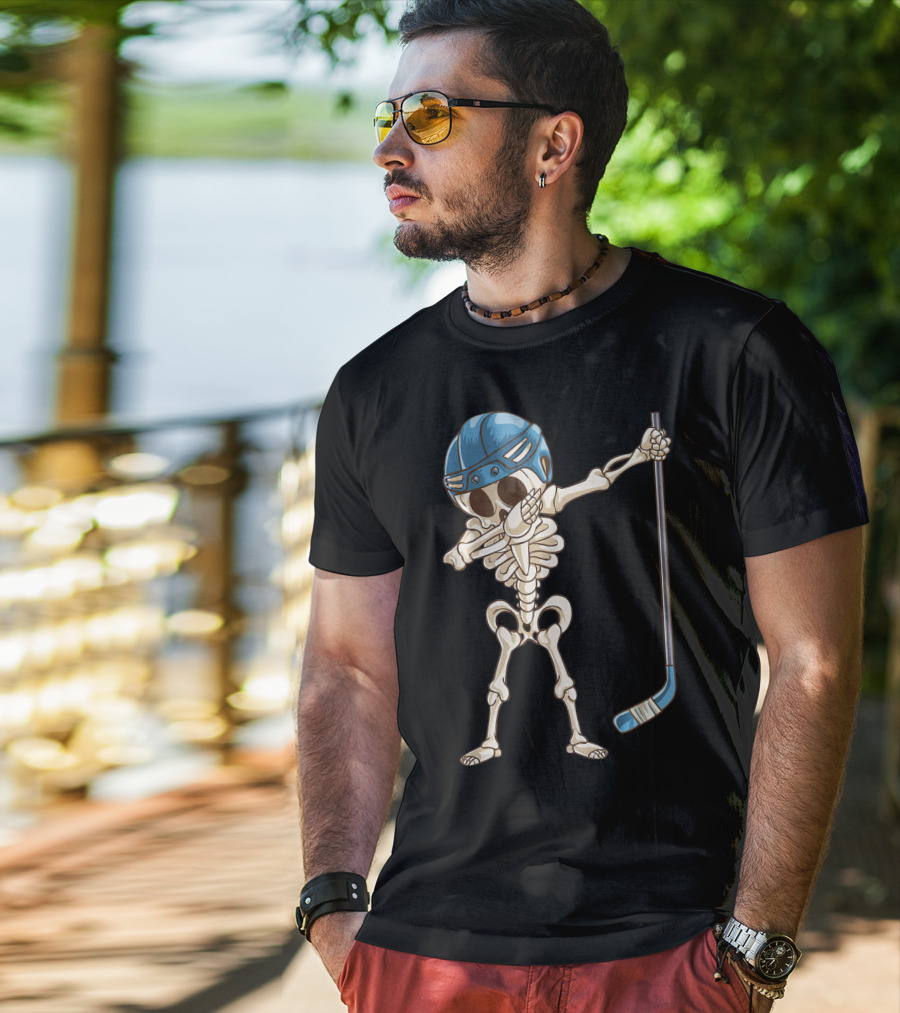 Dabbing Skeleton With Hockey Stick And Helmet T-Shirt