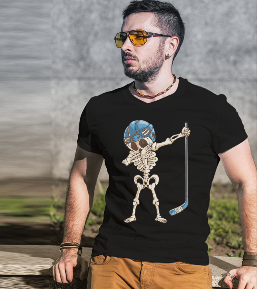Dabbing Skeleton With Hockey Stick And Helmet T-Shirt
