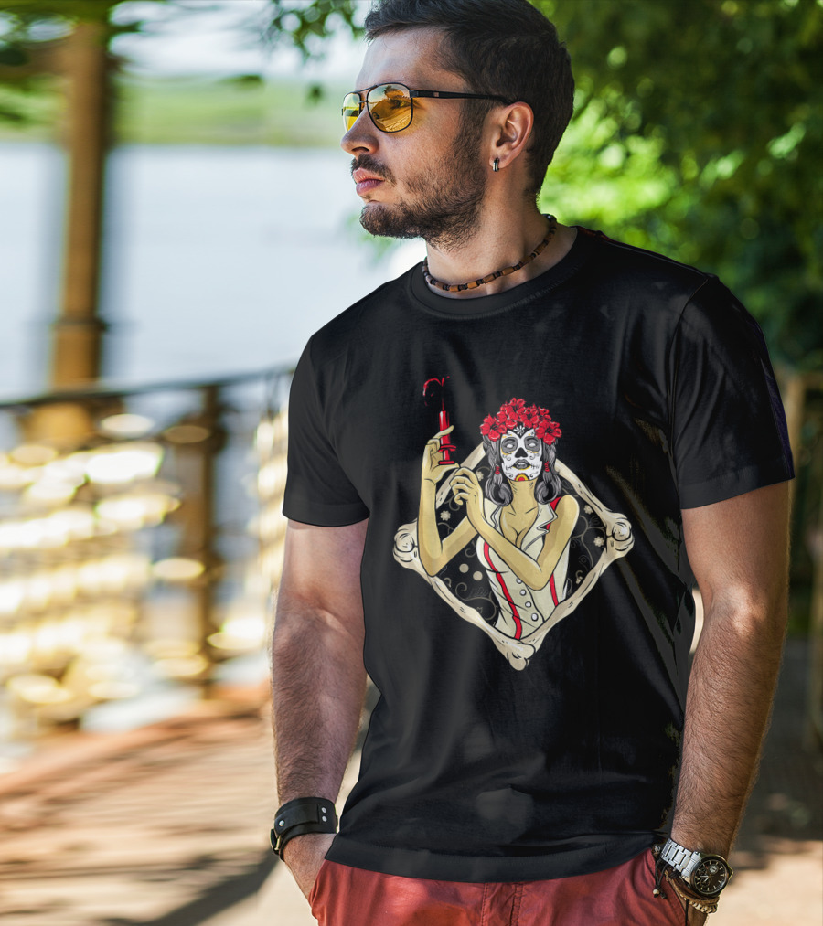 Halloween Nurse Day Of The Dead Dia De Los Muertos Skeleton Syringe Flower Crown T-Shirt