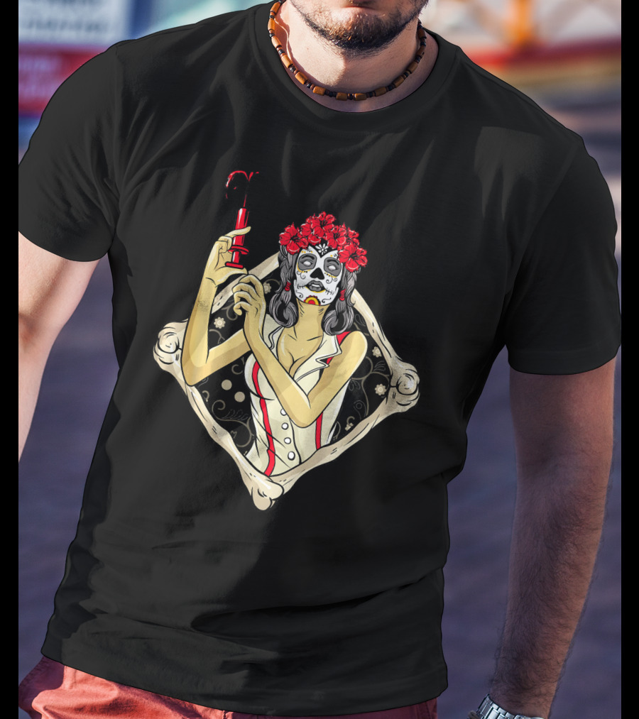 Halloween Nurse Day Of The Dead Dia De Los Muertos Skeleton Syringe Flower Crown T-Shirt
