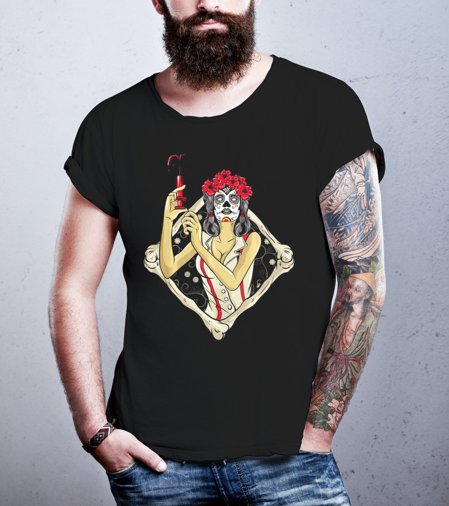 Halloween Nurse Day Of The Dead Dia De Los Muertos Skeleton Syringe Flower Crown T-Shirt