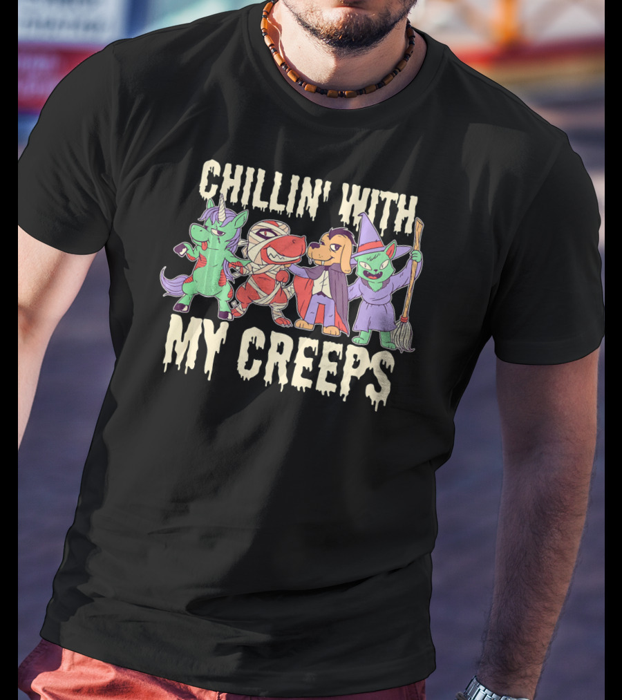 CHILLIN' WITH MY CREEPS Funny Animals Halloween T-Shirt