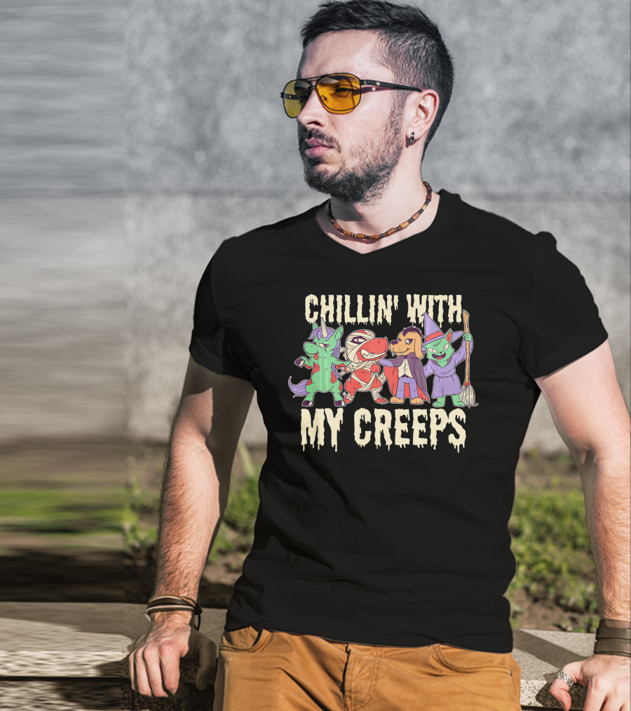 CHILLIN' WITH MY CREEPS Funny Animals Halloween T-Shirt