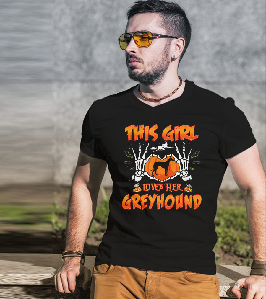 This Girl Loves Her Greyhound Skeleton Halloween Pumpkin T-Shirt