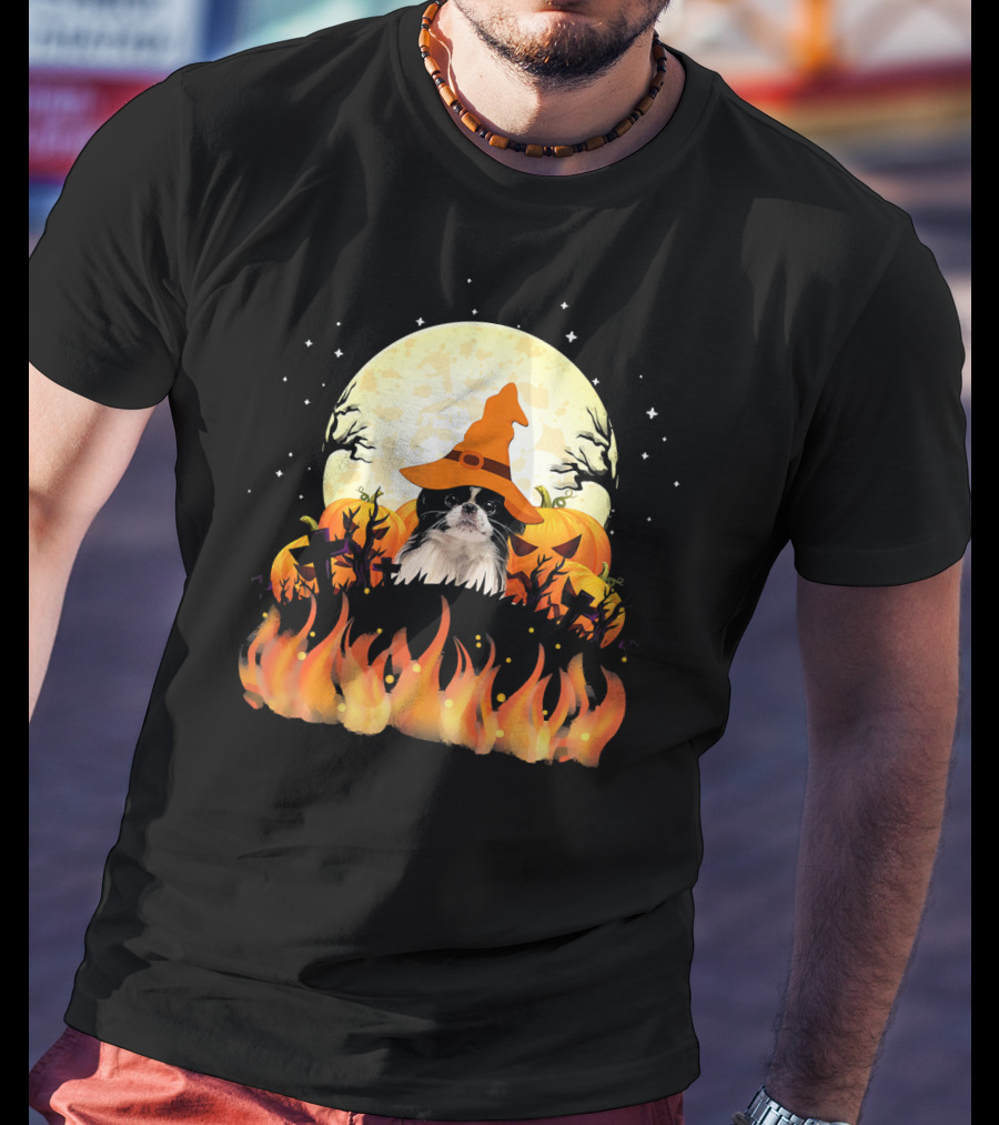 Japanese Chin Dog Lovers Halloween Pumpkin Witch Hat Full Moon Fire Magic T-Shirt