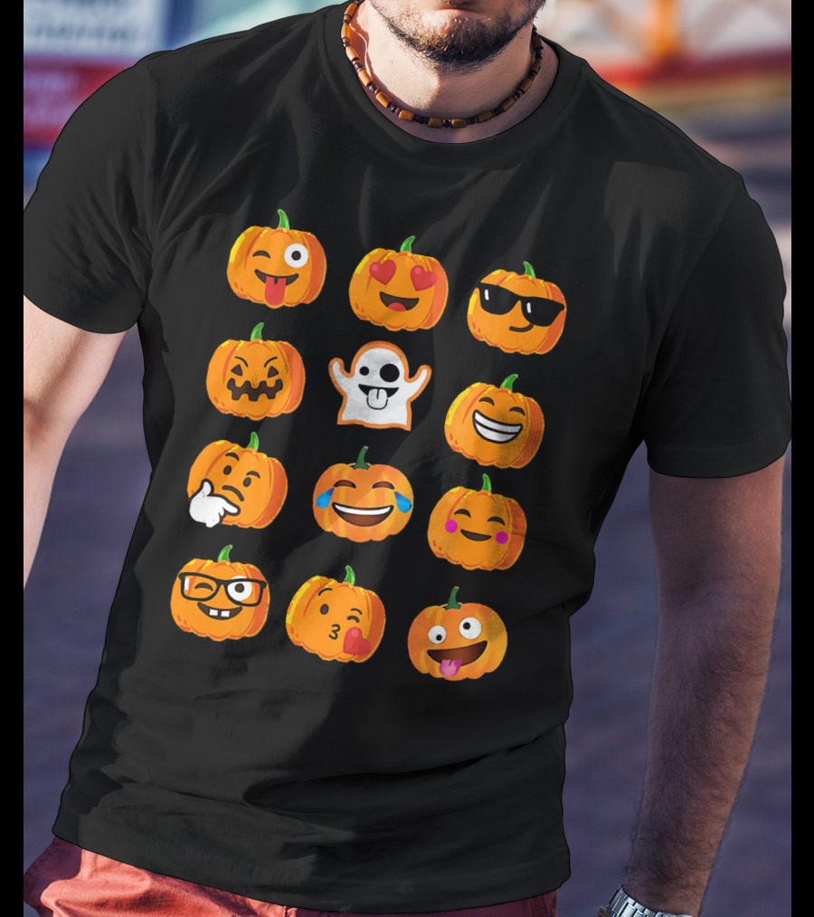 Emoji Faces Pumpkins And Ghost Halloween T-Shirt