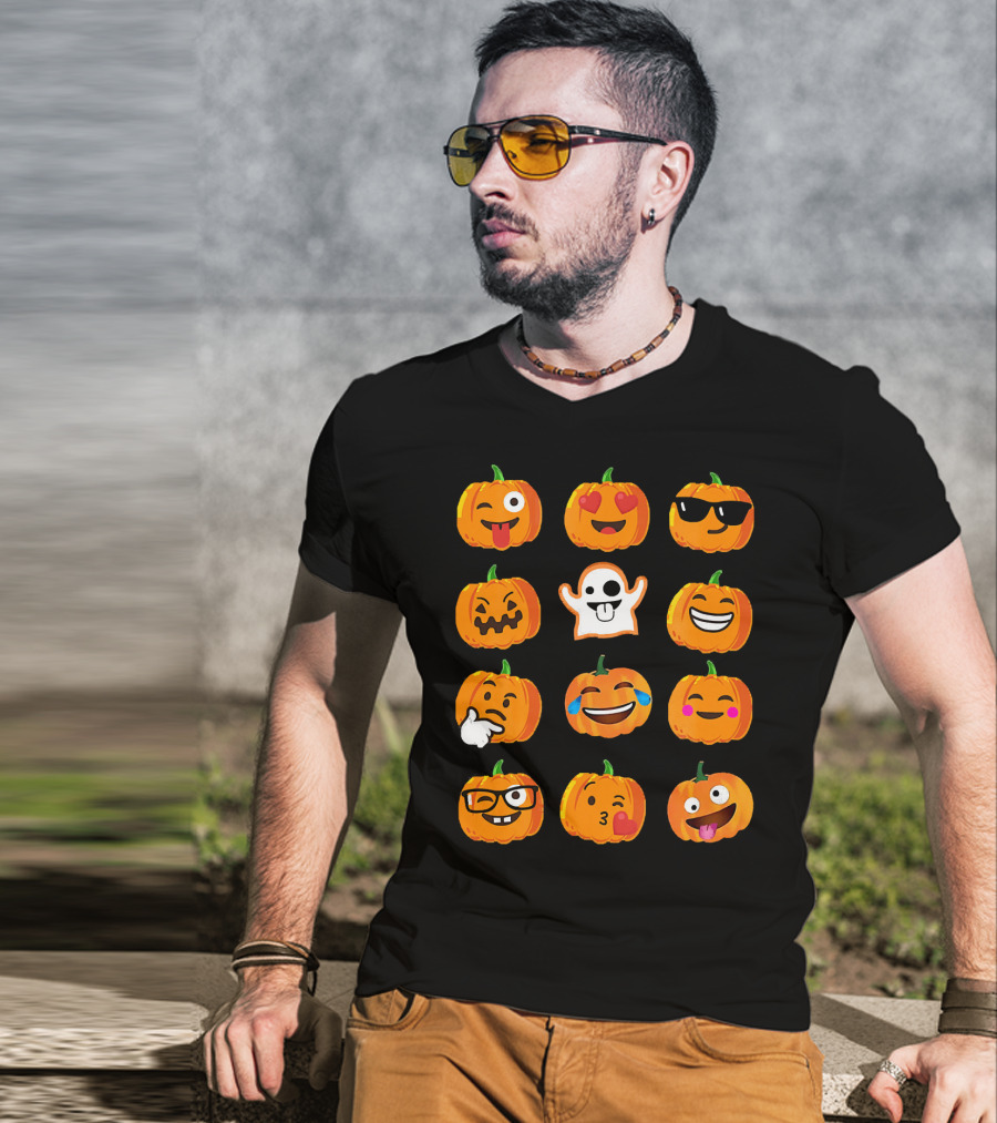 Emoji Faces Pumpkins And Ghost Halloween T-Shirt