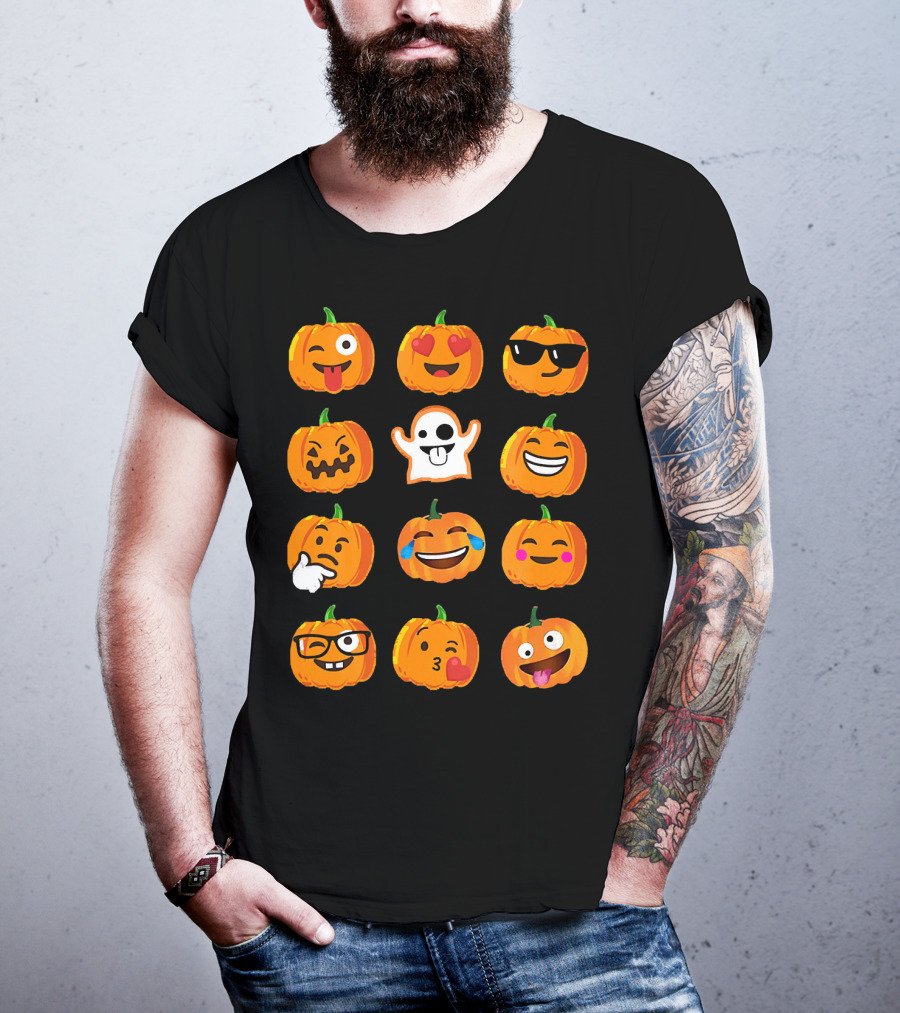 Emoji Faces Pumpkins And Ghost Halloween T-Shirt
