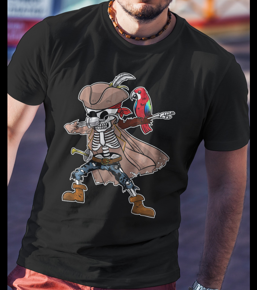 Skeleton Pirate Dabbing With Parrot And Sword T-Shirt
