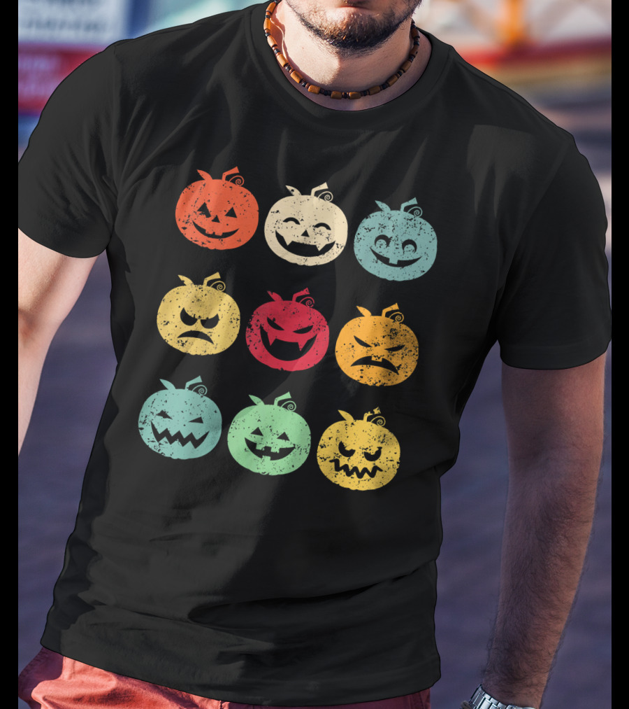Vintage Pumpkin Emoji Halloween Faces In Nine Colorful Expressions T-Shirt