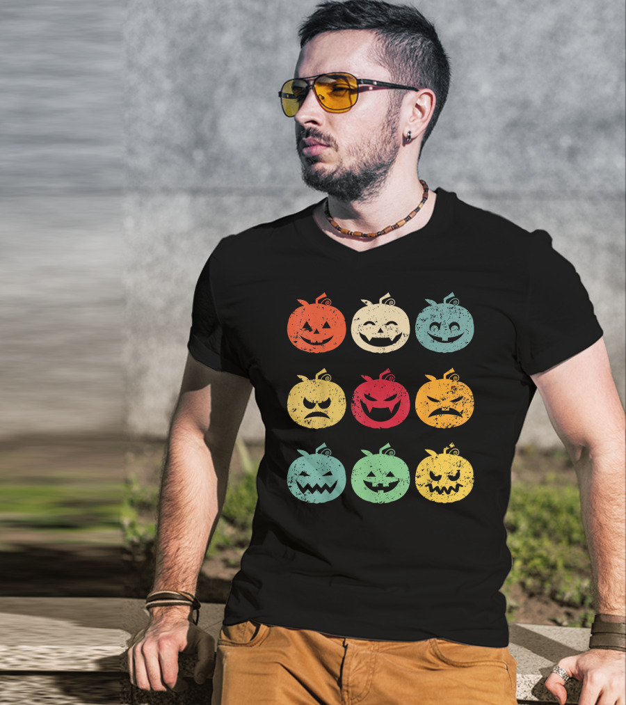 Vintage Pumpkin Emoji Halloween Faces In Nine Colorful Expressions T-Shirt