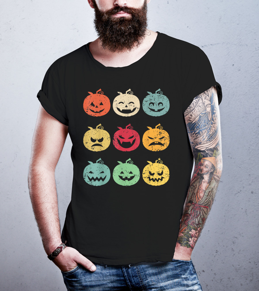 Vintage Pumpkin Emoji Halloween Faces In Nine Colorful Expressions T-Shirt