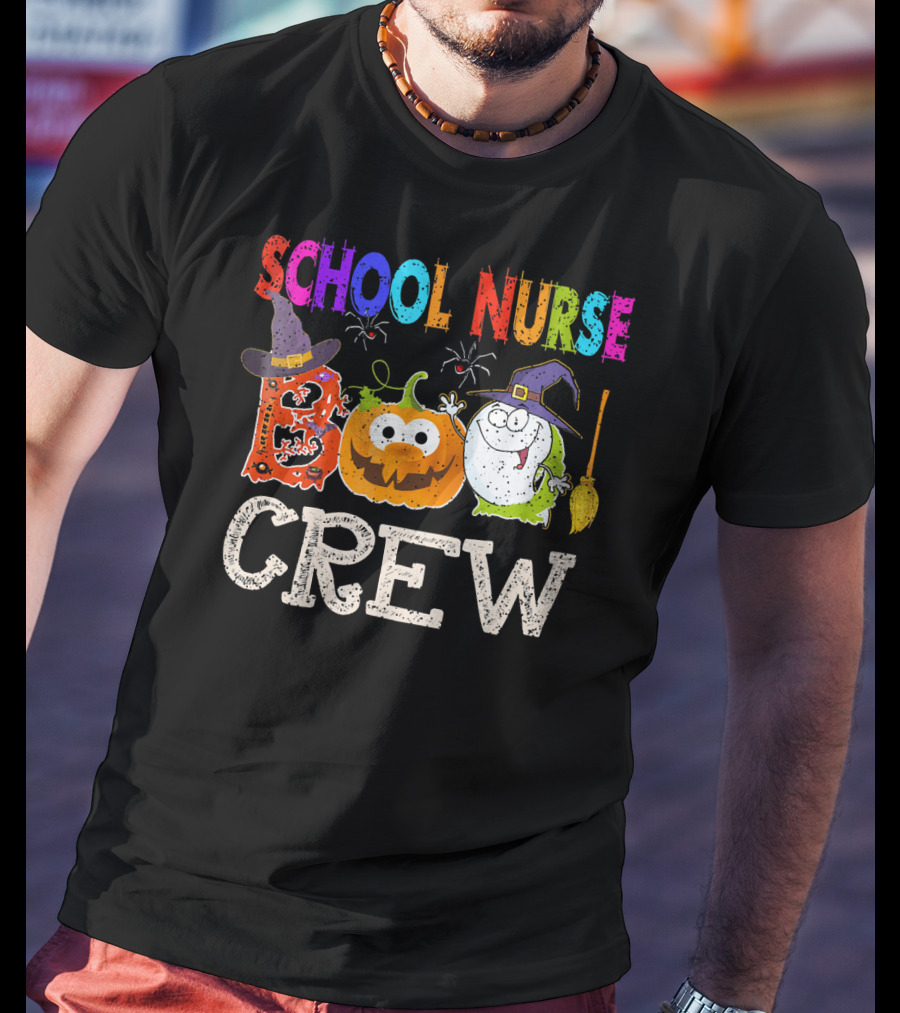 School Nurse Boo Crew Halloween Pumpkin Ghost Witches Hat Broom T-Shirt