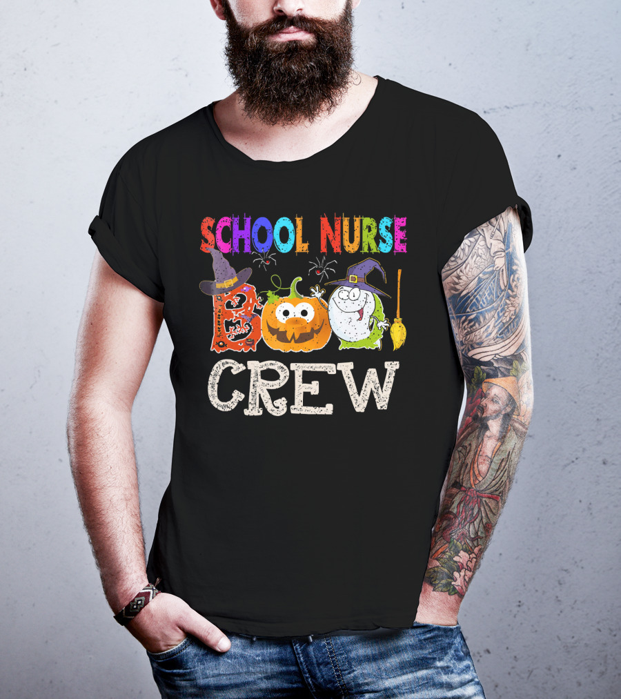 School Nurse Boo Crew Halloween Pumpkin Ghost Witches Hat Broom T-Shirt