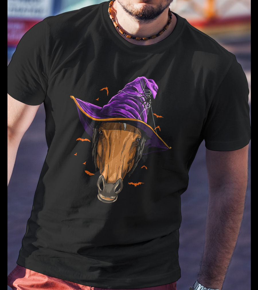 Horse With Purple Witch Hat Surrounded By Bats And Spider Web T-Shirt