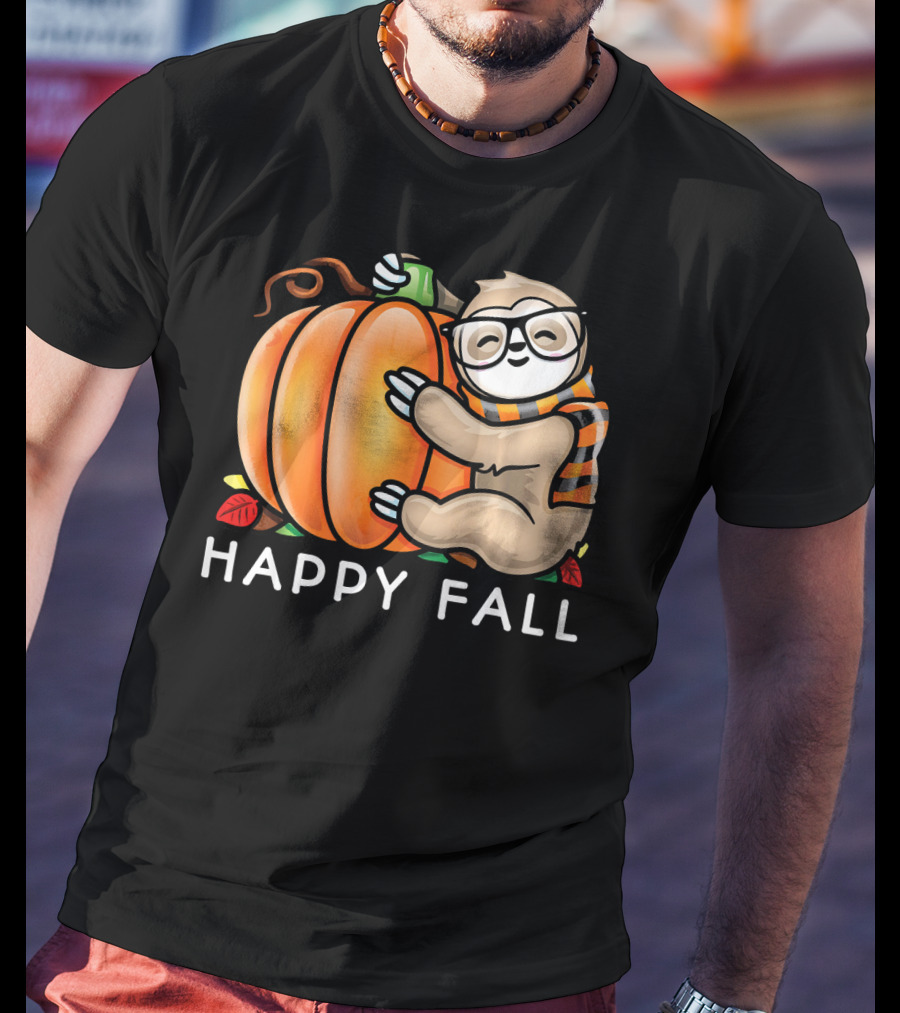 Happy Fall Cute Sloth Glasses Scarf Pumpkin Hug T-Shirt