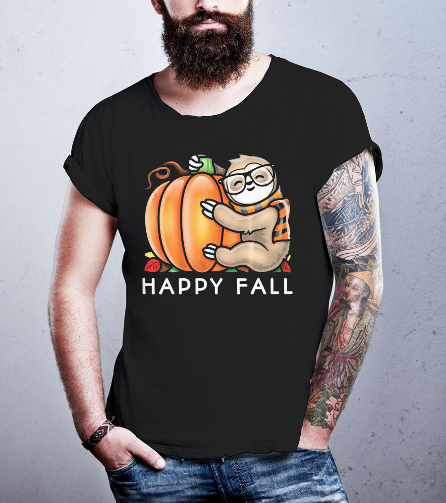 Happy Fall Cute Sloth Glasses Scarf Pumpkin Hug T-Shirt